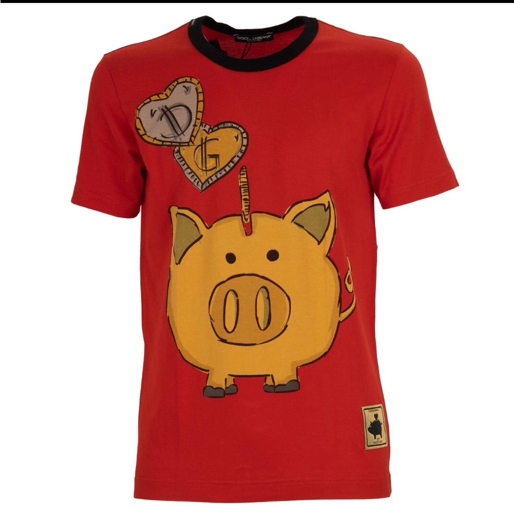 Dolce & Gabbana Money Box Pig Cotton T-Shirt With Logo Patch Red Gold